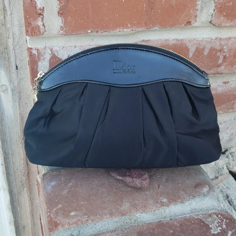 Dior Parfums Patent Leather Trim Satin Cosmetic Organizer Pouch Black Luxury